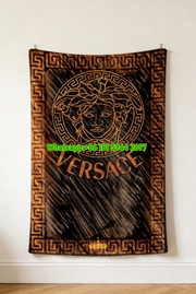 Versace Black Gold Vintage Medusa Greek Key Print Flannel Sofa Throw Blanket IMG_1414